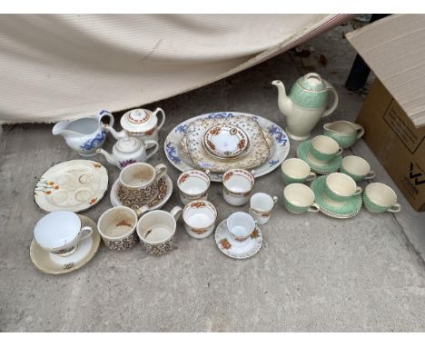 AN ASSORTMENT OF CERAMICS TO INCLUDE BURLEIGH CUPS AND SAUCERS AND VARIOUS TEAPOTS ETC 