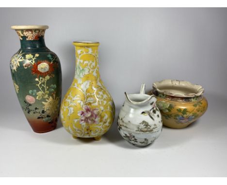 FOUR ORIENTAL CERAMIC ITEMS - YELLOW GROUND VASE, SATSUMA STYLE VASE, EGGSHELL JUG AND FLORAL BOWL 