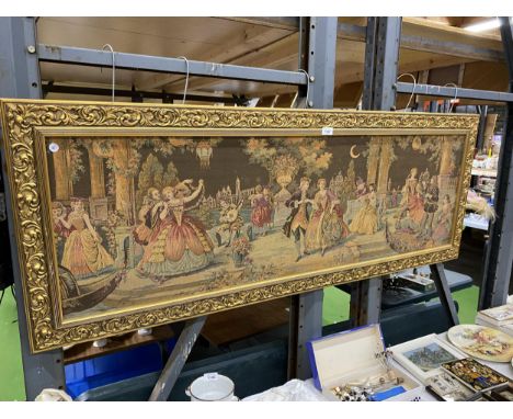 A LARGE GILT FRAMED TAPESTRY SILK OF A BALLROOM, 154 X 60CM 