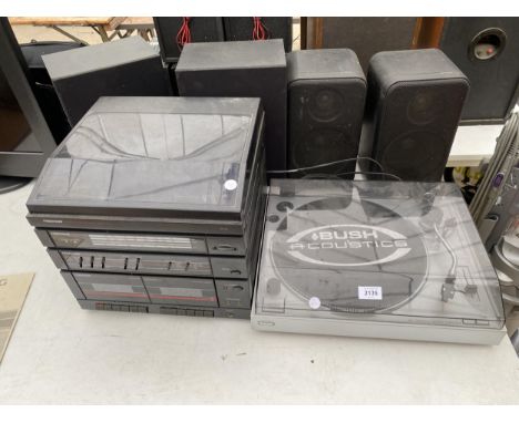 A BUSH RECORD PLAYER, A FERGUSON STEREO SYSTEM AND FOUR VARIOUS SPEAKERS 