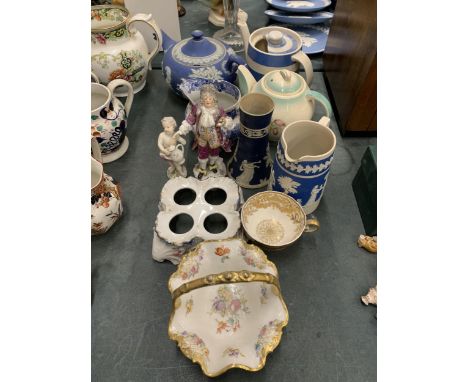 A QUANTITY OF CERAMICS TO INCLUDE JASPERWARE TEAPOT, JUG AND VASE, FIGURES, TEAPOTS, ETC 