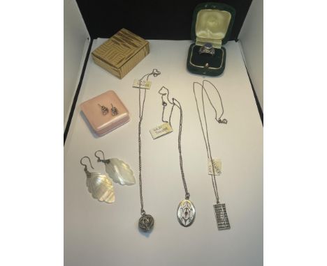 SIX SILVER ITEMS TO INCLUDE THREE PENDANTS ON CHAINS, A RING WITH BLUE STONE AND TWO PAIRS OF EARRINGS ONE BEING MOTHER OF PE