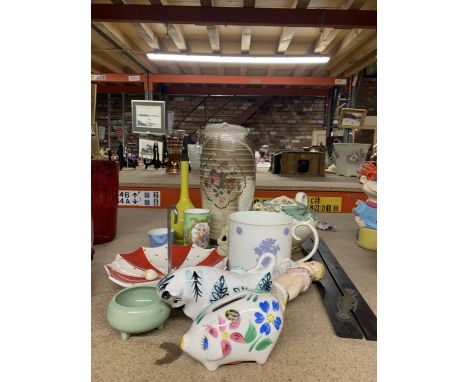 A LARGE QUANTITY OF CERAMICS TO INCLUDE VASES, FIGURES, PIGGY BANK, CERAMIC UMBRELLA, TEAPOT, ETC 