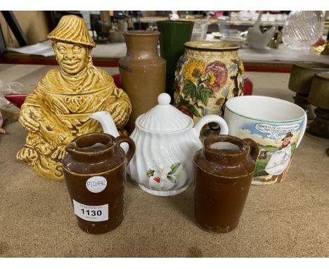 A QUANTITY OF CERAMICS TO INCLUDE STONEWARE JUGS, VASES, BOWLS, A NOVELTY SUGAR CANISTER, TEAPOT, ETC 