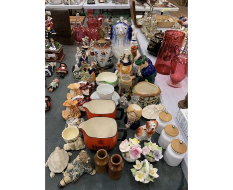 A LARGE QUANTITY OF CERAMIC ITEMS TO INCLUDE HAIG WHISKY JUGS, STAFFORDSHIRE STYLE FIGURES, POSIES, LARGE DOG, ANIMALS, ETC -