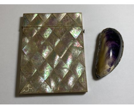 TWO VINTAGE ITEMS - MOTHER OF PEARL CARD CASE AND A WHITE METAL AND HARDSTONE SNUFF BOX 