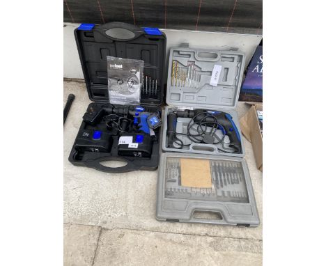 A NUTOOL ELECTRIC DRILL AND A NUTOOL BATTERY DRILL WITH CHARGER AND TWO DRILLS 