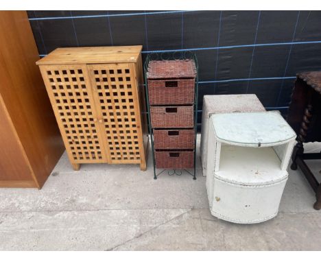 TWO LLOYD LLOM STYLE LINEN BASKETS, A CHEST OF FOUR BASKET DRAWERS AND A PINE CABINET WITH LATTICE DRAWERS 