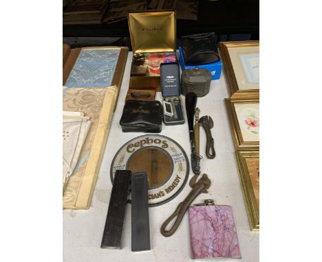 A MIXED VINTAGE LOT TO INCLUDE A 'CEPHOS' ADVERTISING MIRROR, MARRIOTT BINOCULARS, THE 'FOSTER' WHIST MARKER, INKWELL, PRAKTI