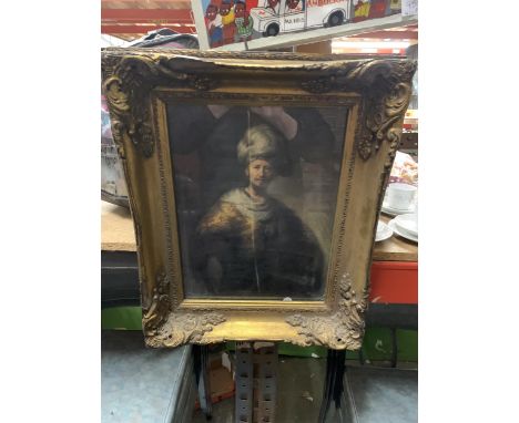 A MODERN REPRODUCTION OILIOGRAPH ON BOARD OF A PORTRAIT OF A MAN IN CEREMONIAL ROBE SIGNED "BELLE" IN GOLD GILT FRAME 45CM WI
