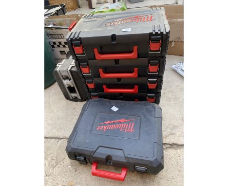 FOUR MILWAUKEE STACKING DRILL BOXES, A FURTHER MILWAUKEE DRILL BOX AND A STANLEY TOOL BOX ETC 