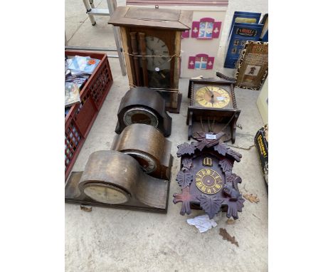 SIX VARIOUS CLOCKS TO INCLUDE THREE MANTLE CLOCKS AND A CUCKOO STYLE CLOCK ETC 