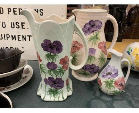 THREE PIECES OF RADFORD HANDPAINTED POTTERY TO INCLUDE TWO LARGE AND ONE SMALL JUG 