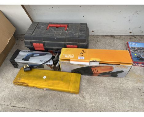 AN ASSORTMENT OF ITEMS TO INCLUDE A DETAIL SANDER, A CAR VACUUM AND A TOOL BOX ETC 