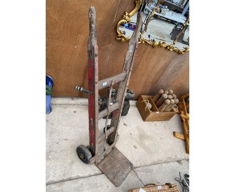 A VINTAGE WOODEN AND METAL SACK TRUCK 