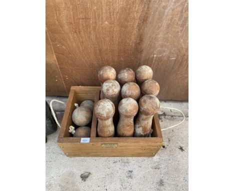 A VINTAGE WOODEN GARDEN SKITTLES GAME 
