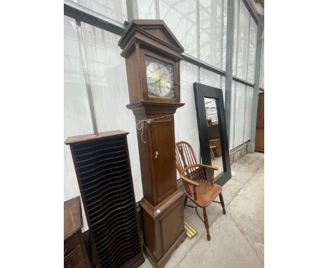 A REPRODUCTION OAK LONGCASE CLOCK WITH BRASS FACE AND THREE BRASS WEIGHTS 