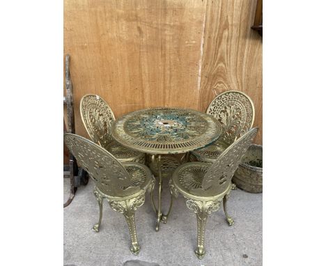 A VINTAGE STYLE CAST ALLOY BISTRO SET COMPRISING OF A ROUND TABLE AND FOUR CHAIRS 