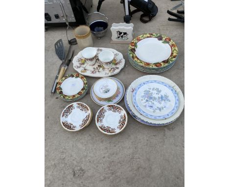 AN ASSORTMENT OF ITMES TO INCLUDE CERAMIC PLATES, SAUCERS AND A STONE WARE POT ETC 