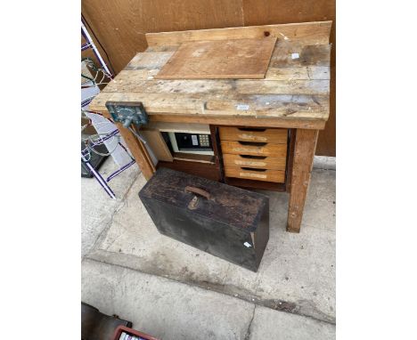 A SMALL WOODEN WORK BENCH WITH WOOD VICE AND A JOINERS CHEST 