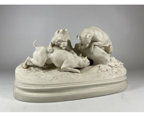 A 19TH CENTURY COPELAND PARIAN WARE FIGURE GROUP OF HUNTING DOGS, (A/F), 32CM LENGTH 