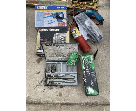 AN ASSORTMENT OF TOOLS TO INCLUDE A POT RIVOTER, A BLACK AND DECKER JIGSAWAND A BLACK AND DECKER DRILL ETC 