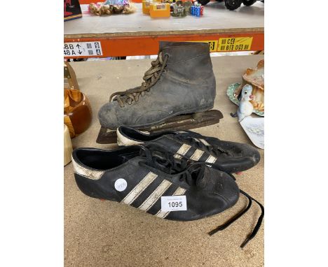 A VINTAGE PAIR OF ADIDAS FOOTBALL BOOTS AND ICE SKATES 
