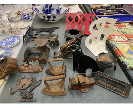 A LARGE QUANTITY OF VINTAGE ITEMS TO INCLUDE FLAT IRONS, A DOG WEATHER VANE, A LETTER BOX, WALL SCONCE, CANON, COBBLER'S LAST