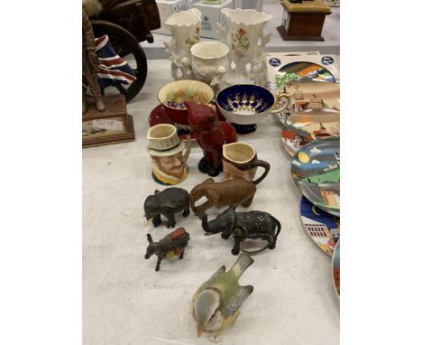 A QUANTITY OF CERAMIC ITEMS TO INCLUDE AYNSLEY CUPS AND SAUCERS, A DOULTON FLAMBE CAT - EAR A/F, ELEPHANTS, VASES, ETC 