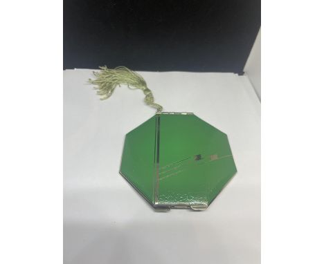 A BRITISH MADE  ART DECO GREEN AND CHROME COMPACT WITH BEAUTIBOX PAD AND A  TASSEL UNUSED AS NEW 