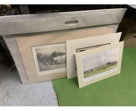 THREE CARDBOARD MOUNTED PRINTS TO INCLUDE 'WAGGON &amp; TEAM', A HUNTING SCENE, ETC 