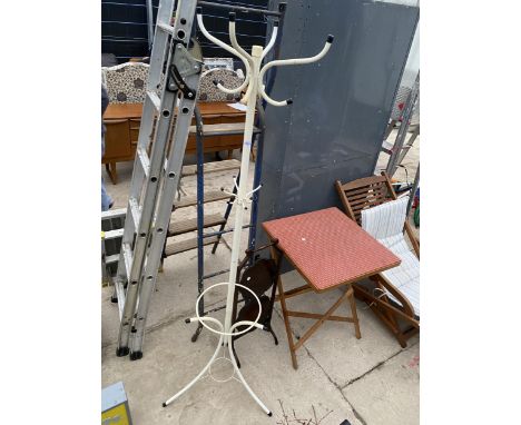 A METAL COAT RACK, A WOODEN FOLDING CAKE STAND AND A FOLDING CARD TABLE 