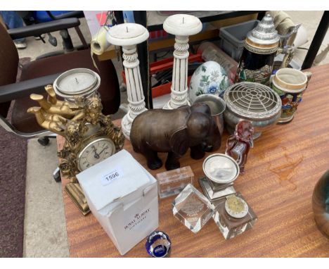 AN ASSORTMENT OF ITEMS TO INCLUDE CANDLESTICKS, A CLOCK AND A TREEN ELEPHANT ETC 