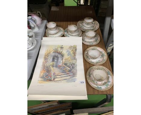 SIX VINTAGE CHINA FLORAL PATTERNED TRIOS, A CAKE PLATE PLUS TWO PRINTS OF ITALIAN VILLAS 