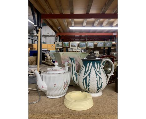 A KEITH MURRAY, WEDGWOOD, ASHTRAY, VICTORIAM MOULDED TEAPOT WITH PEWTER LID, A TEAPOT AND PLANTER 