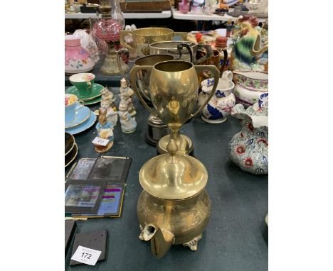 FOUR SILVER PLATED TROPHY CUPS ALL FROM LEIGH SAILING CLUB PLUS A BRASS TEAPOT 