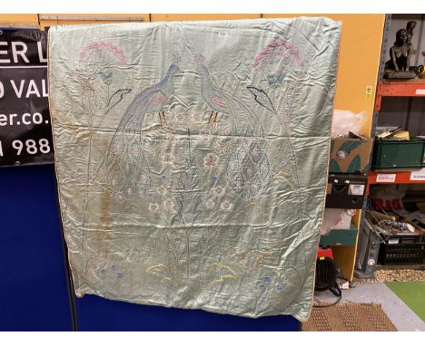 A LARGE VINTAGE SILK EMBROIDERED CURTAIN WITH PHEASANT DESIGN 