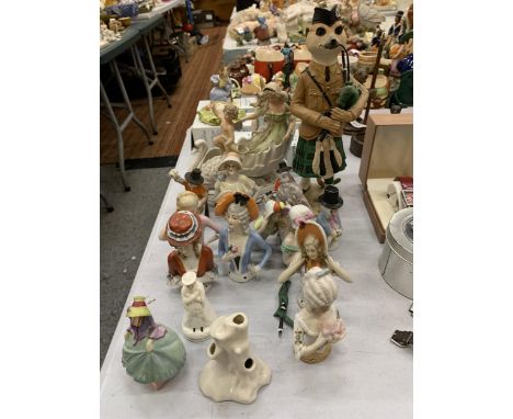 A QUANTITY OF CERAMIC ITEMS TO INCLUDE SEWING/PIN CUSHION LADIES, CERAMIC MEERKAT, ETC 