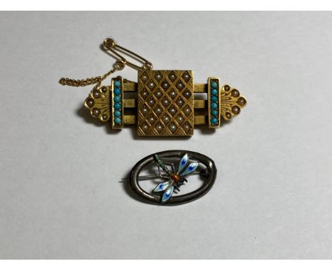 TWO VINTAGE BROOCHES - SEED PEARL AND TURQUOISE BROOCH &amp; HALLMARKED SILVER AND ENEMEL DRAGONFLY BROOCH 