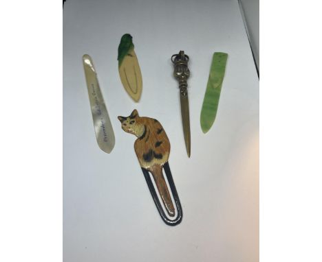 FIVE VINTAGE BOOK MARKS TO INCLUDE A MOTHER OF PEARL AND A BRASS CROWN EXAMPLE 