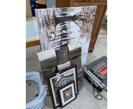 A LARGE CANVAS PRINT AND THREE FRAMED PRINTS 