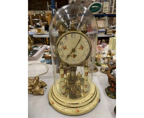 A FLORAL ANNIVERSARY CLOCK UNDER A GLASS DOME 