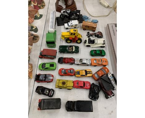 A QUANTITY OF VEHICLES TO INCLUDE DIE-CAST VANS, CARS, A TRACTOR, ETC 