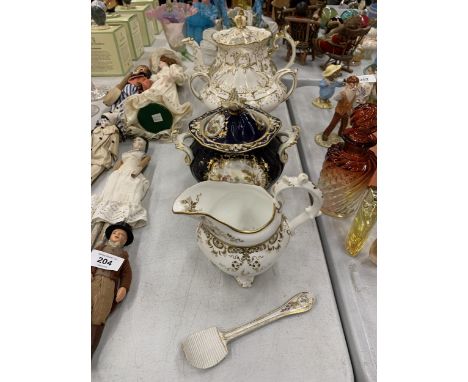 FOUR PIECES OF CHINA DINNERWARE TO INCLUDE A TEAPOT, TUREEN AND CREAM BOWL - WHITE WITH GILD DECORATION - A TRANSFER PRINTED 