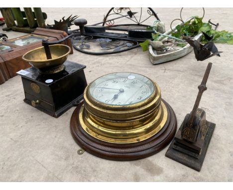 A VINTAGE COFFEE BEAN GRINDER, A BARKERS OF KENSINGTON CLOCK AND A VINTAGE STAMP 