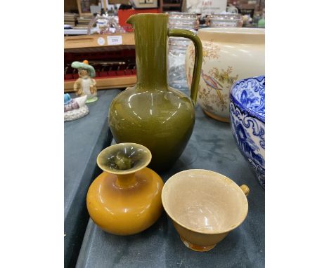 THREE PIECES OF LINTHORPE POTTERY, A GREEN JUG - A/F TO THE SPOUT AND MUSTARD COLOURED CUP AND SMALL VASE 