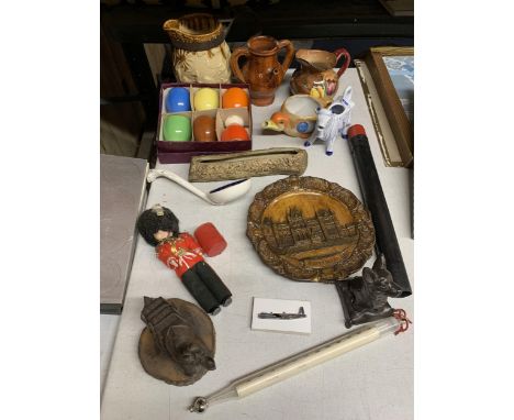 A MIXED LOT TO INCLUDE A BOXED SET OF IRONSTONE COLOURED EGG CUPS, ANIMAL FIGURES, JUGS, AN R CLUETT, ROYAL DAIRY WORKS, TARP