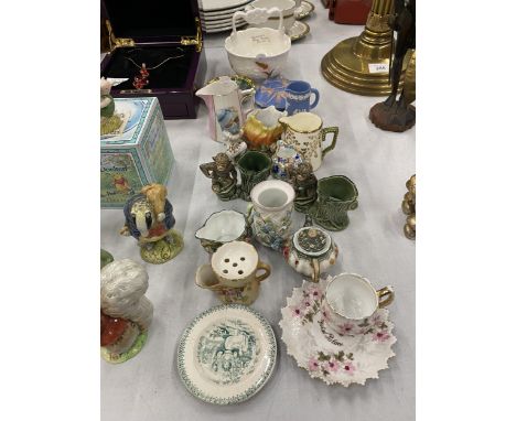 A QUANTITY OF CERAMIC ITEMS TO INCLUDE A PAIR OF SMALL WADE 'MONKEY' SPILL HOLDERS, VICTORIAN JUGS, WEDGWOOD SMALL JUG, THORN