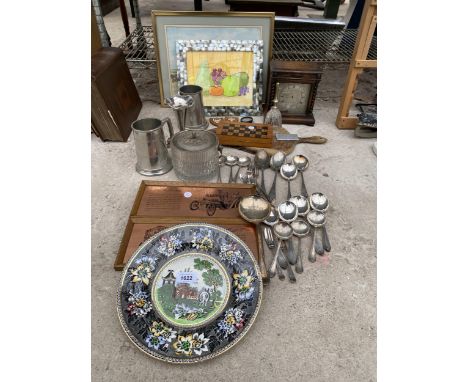 AN ASSORTMENT OF ITEMS TO INCLUDE TANKARDS, FLAT WARE AND A CLOCK ETC 