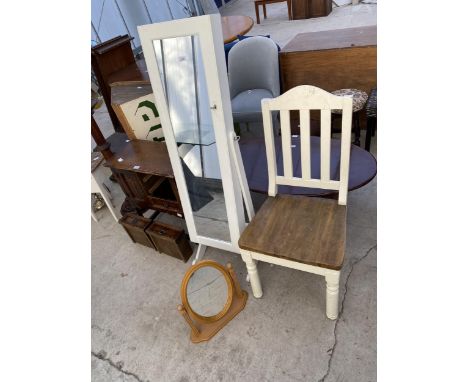 A  MODERN WHITE CHEVAL MIRROR/JEWELLERY CABINET, SWING FRAME MIRROR AND DINING CHAIR 